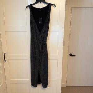 PAIGE Black Metallic-Striped Sleeveless Midi Wrap Dress